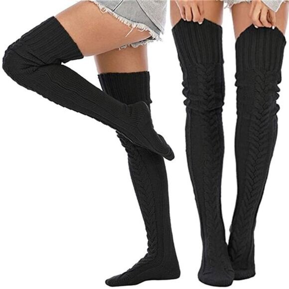 2 Packs Women's Thigh High Socks Over the Knee Cable Knit Boot Socks